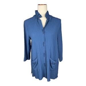 Artsy Button Down Blouse Blue Crepe Ruffle Neck 3/4 Sleeve size small